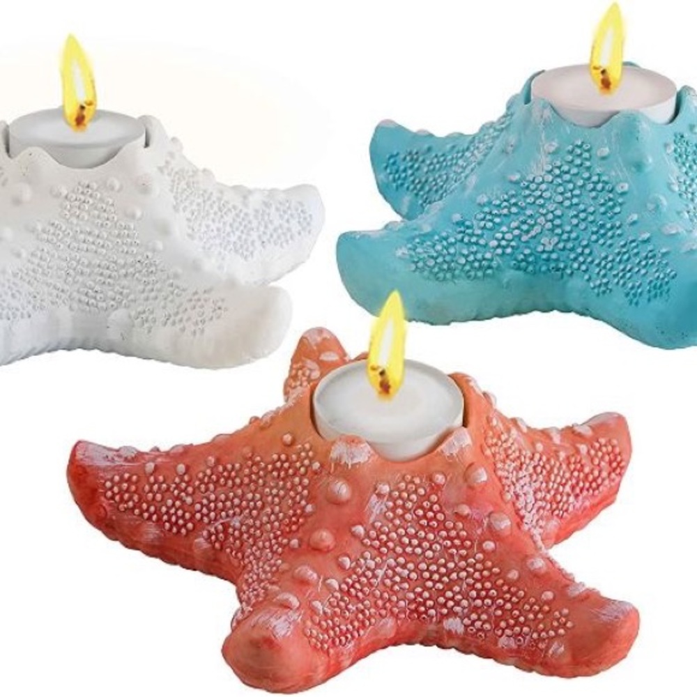 Set of 3 Starfish tea light candle holders teal white and coral